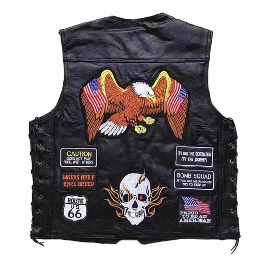 Gilet de moto en cuir brodé pour hommes, veste Punk sans manches, gilet de motard, vêtements pour hommes, Streetwear noir, grande taille