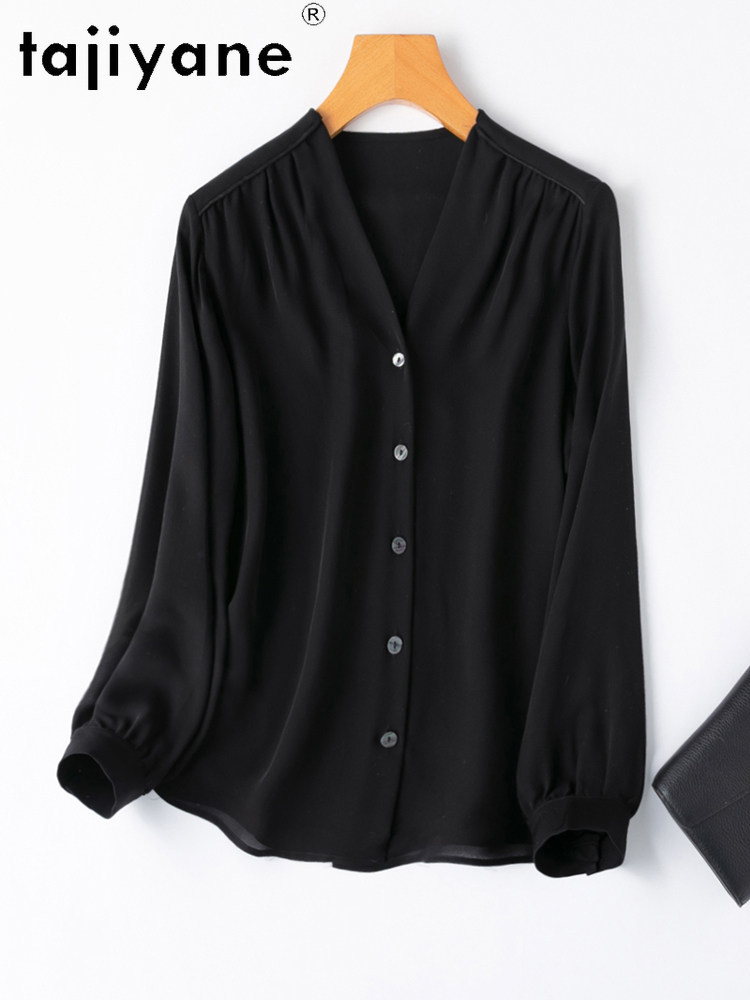 TAJIYANE Chemise 100% Soie de Mûrier Véritable Femme Élégante Blouse Noire Col en V Hauts pour Dames Nouveaux Vêtements de Printemps Femme 2026 блузкаженская