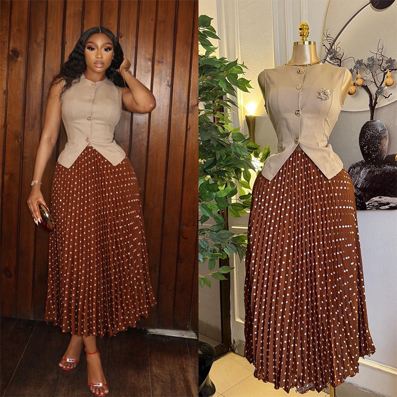 Ensemble de robe élégante pour femmes, style africain, col rond, sans manches, haut à boutons, jupe plissée à pois taille haute, tenue de soirée
