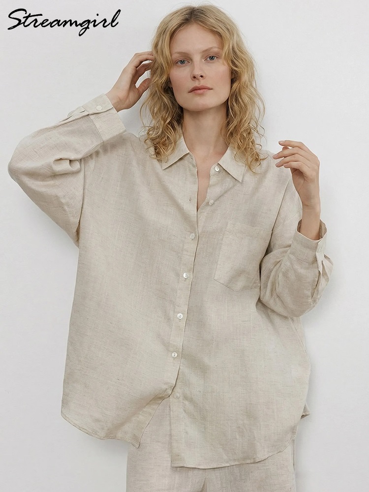 Chemises en lin bleues d'été pour femmes, hauts amples à manches longues, chemise verte pour femme, hauts basiques en lin pour le travail, chemises blanches pour femmes