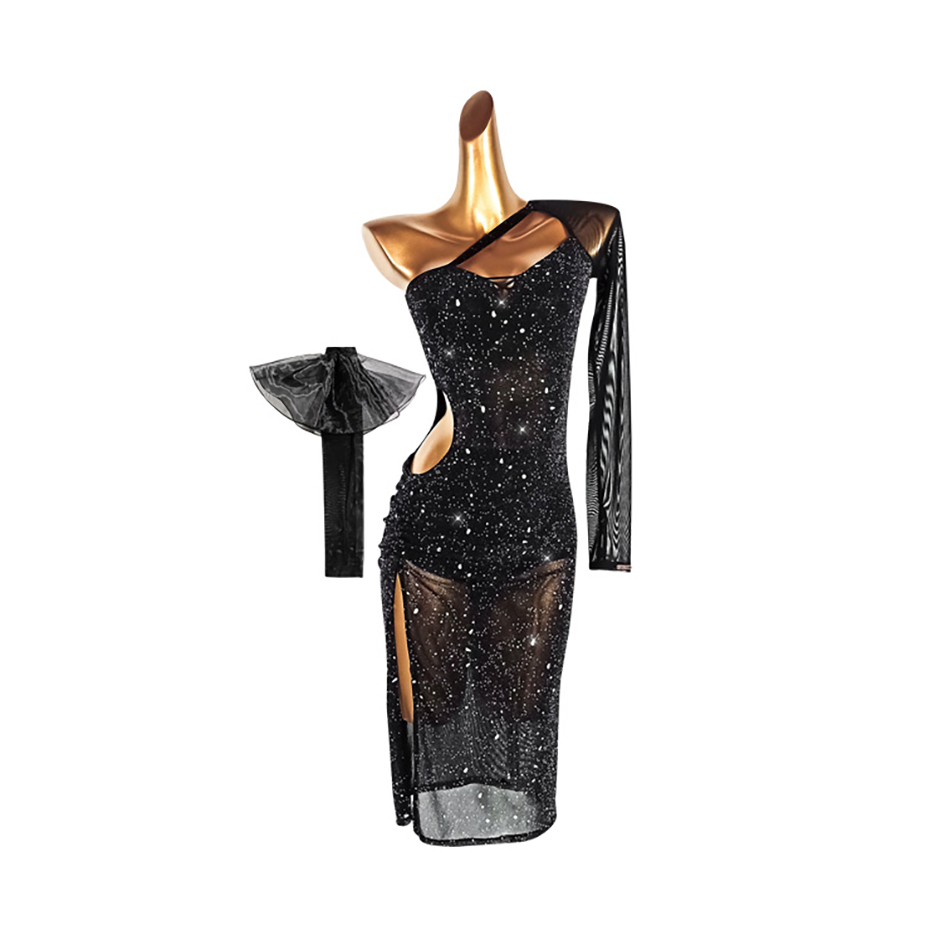Robe de danse latine en maille noire, Patchwork, Sexy, dos nu, scintillante, Costume de performance sur scène, danse de salle de bal, ChaCha Rumba, vêtements de danse