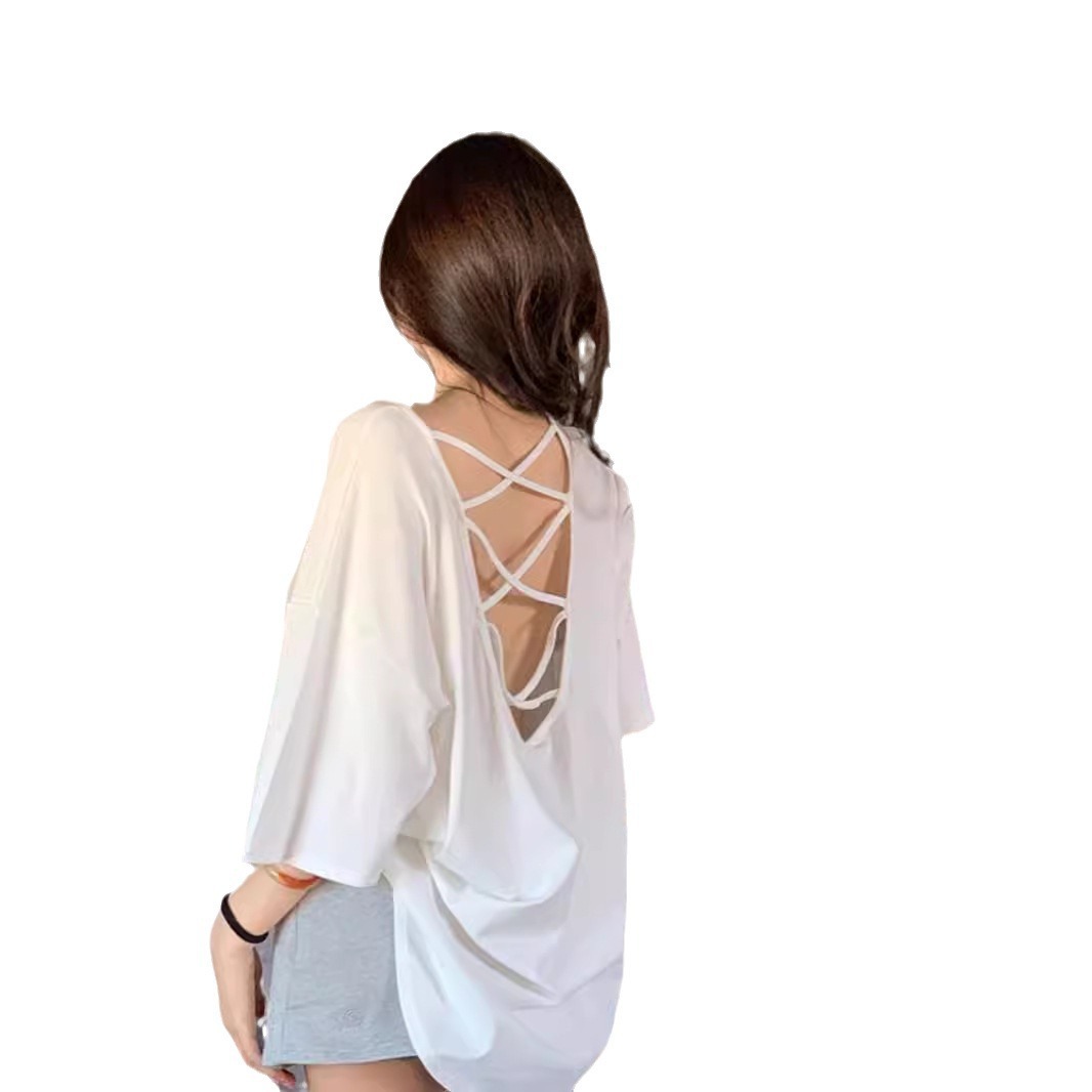 Vêtements pour femmes de grande taille, printemps et été, nouveau t-shirt décontracté à couleur unie, ample, sexy, col rond, manches courtes
