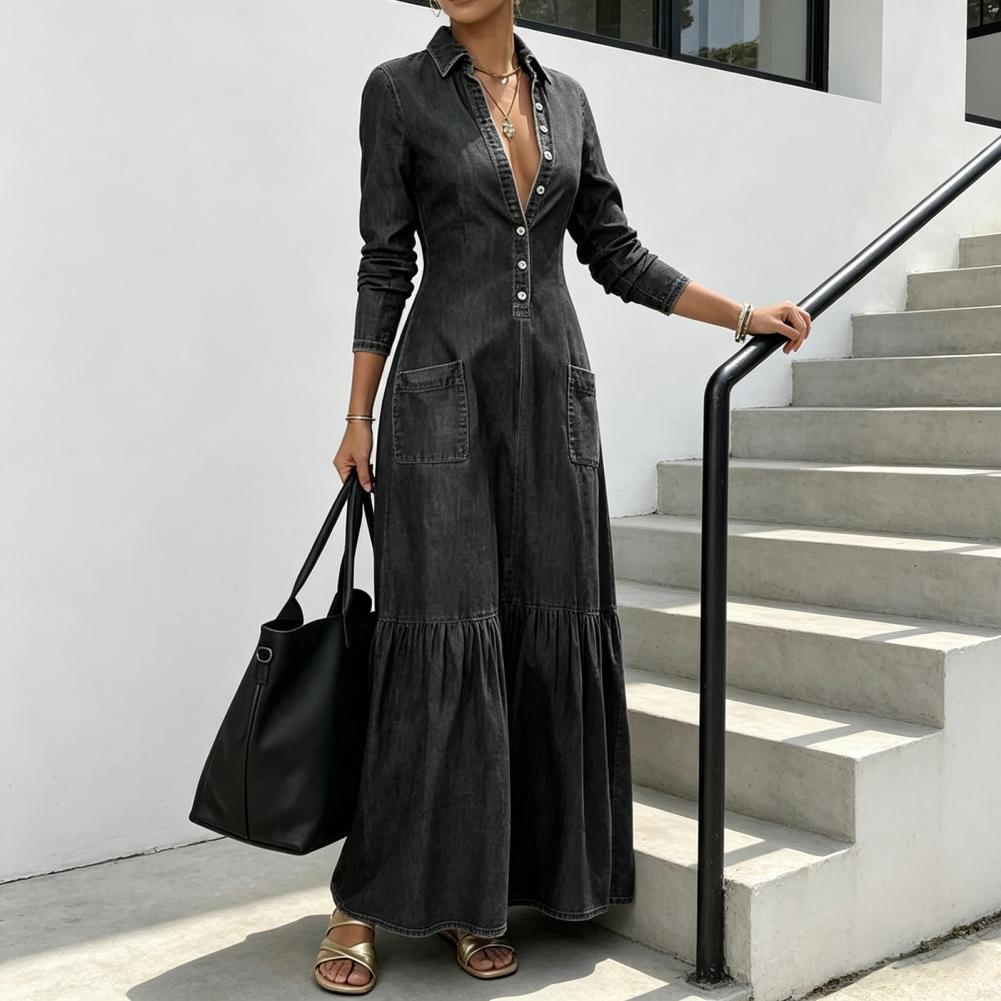 Robe en jean ample pour femme, maxi, boutonnée, avec poches, manches longues, col à revers, col en V, coupe trapèze fluide