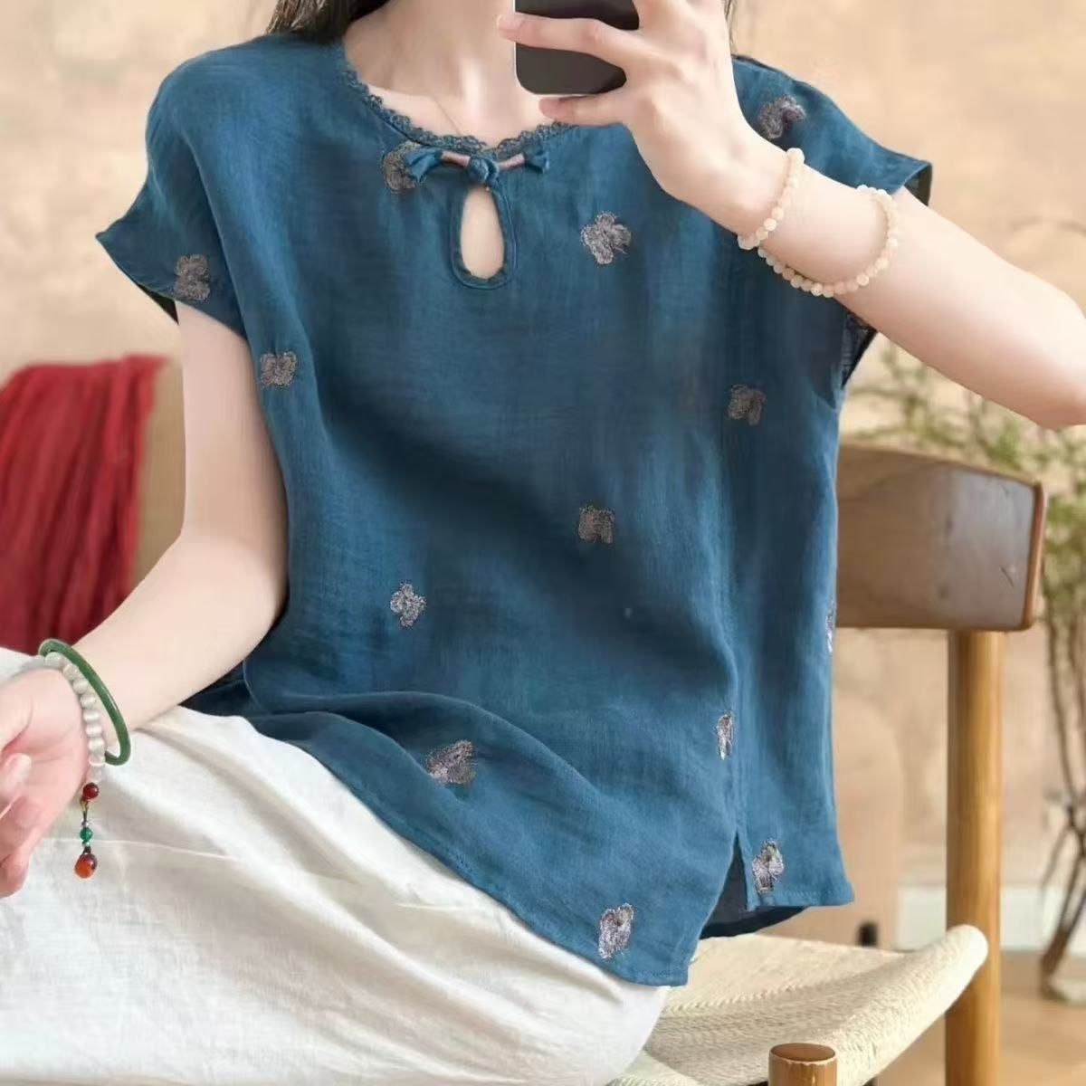 Haut boutonné rétro pour femme en lin et coton, broderie exquise, style chinois, confortable, grande taille, nouvelle collection estivale romantique