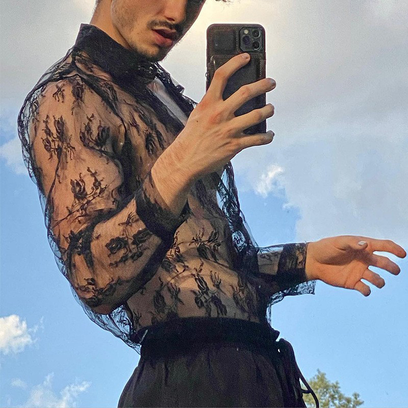 Chemise en dentelle transparente pour hommes, manches longues, résille ajourée, Vintage, Streetwear, Slim, mode, vêtements de fête, S-XL