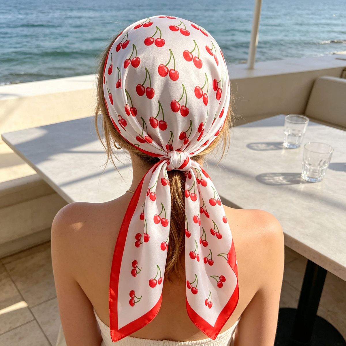 Écharpe carrée en satin de luxe 70x70cm, motif cerise mignon, châle pour femme, petit sac tendance, bandeau pour cheveux, bandana