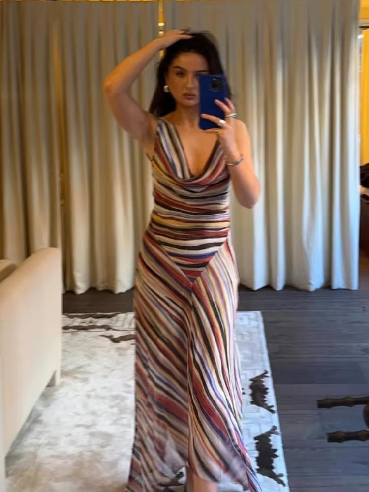 Robe longue sexy à taille froncée pour femme, avec rayures diagonales spectaculaires, col drapé, robes de soirée avant-gardistes pour galas