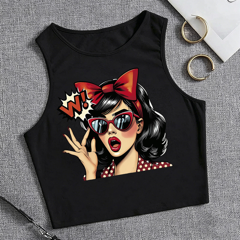 T-shirt imprimé pour femme, style années 90, débardeur court sans manches, gilet élégant, haut court, tee-shirt décontracté