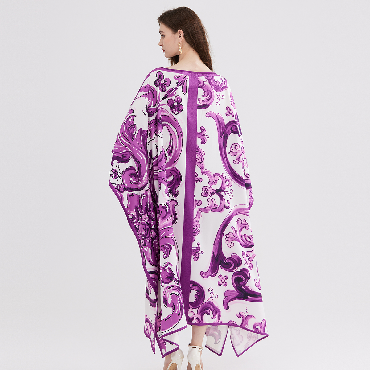 Robe longue kaftan pour femme, imprimé baroque violet, manches chauve-souris, style bohème, ample, cache-maillot de bain, robe de plage pour les vacances d'été