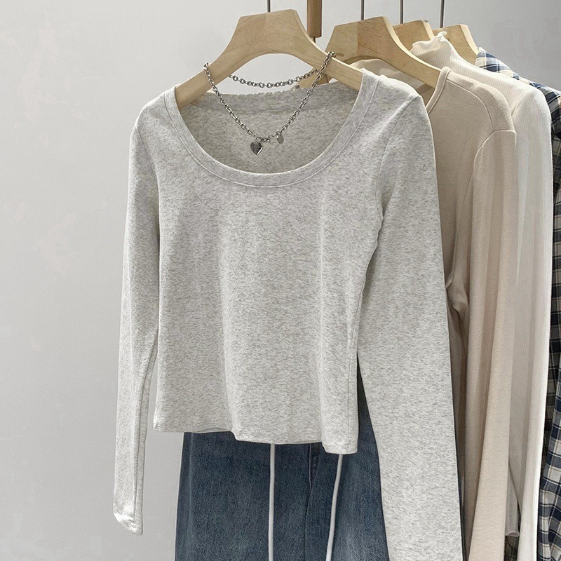 Vêtements pour femmes, tenue d'automne, t-shirt à col rond, manches longues, couleur unie, design tendance pour étudiantes, haut ajusté pour femme.
