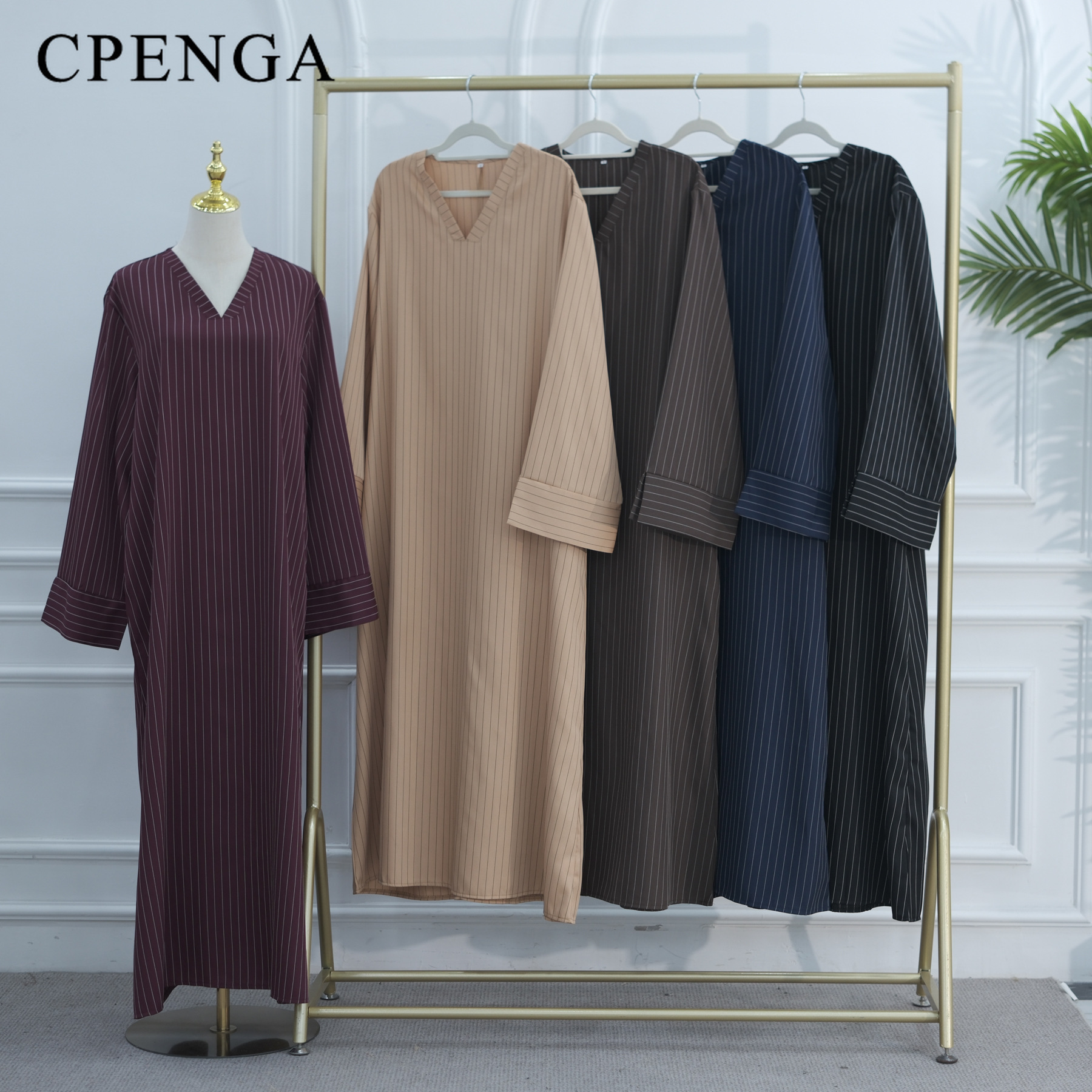 Robe Abaya rayée à col en V pour femmes, robe musulmane élégante et modeste, Kaftan Dubaï, robe longue arabe, tenue de fête Ramadan Eid Mubarak