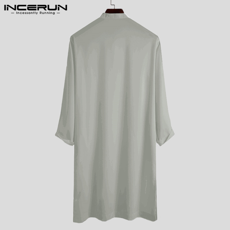 INCERUN hommes chemise musulmane col montant à manches longues islamique arabe caftan couleur unie Streetwear décontracté longues chemises hommes vêtements 5XL
