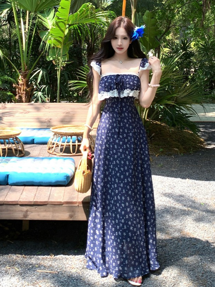 Robe d'été sans manches pour femme, bleue, à fleurs, avec dentelle, style français, romantique, robe maxi de vacances, ourlet à volants, vintage, bohème chic