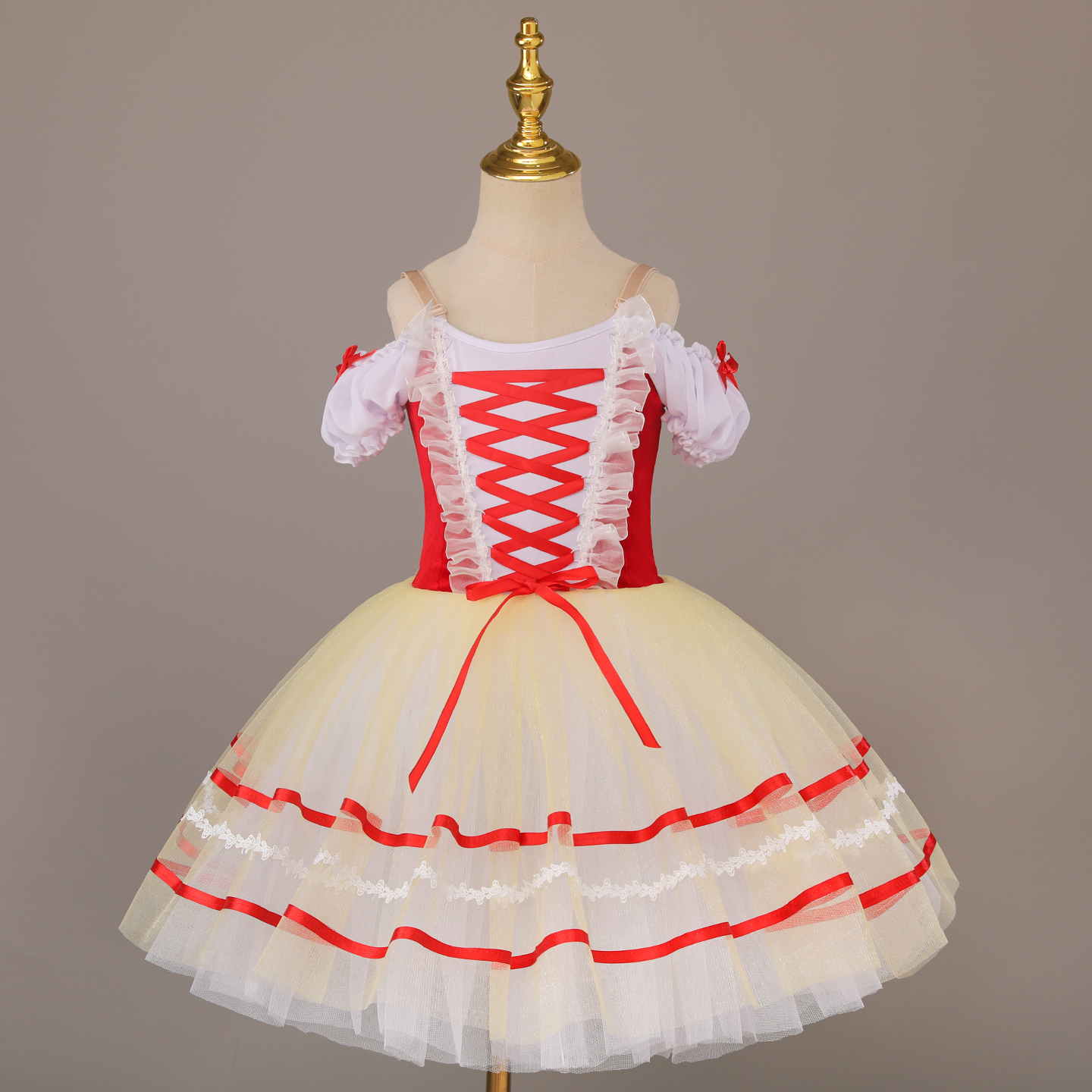 Robe de tutu de ballet professionnelle, jupe en tulle gaze coupe trapèze, rouge et blanc, manches bouffantes, nœud, costume de danse pour scène de princesse fée