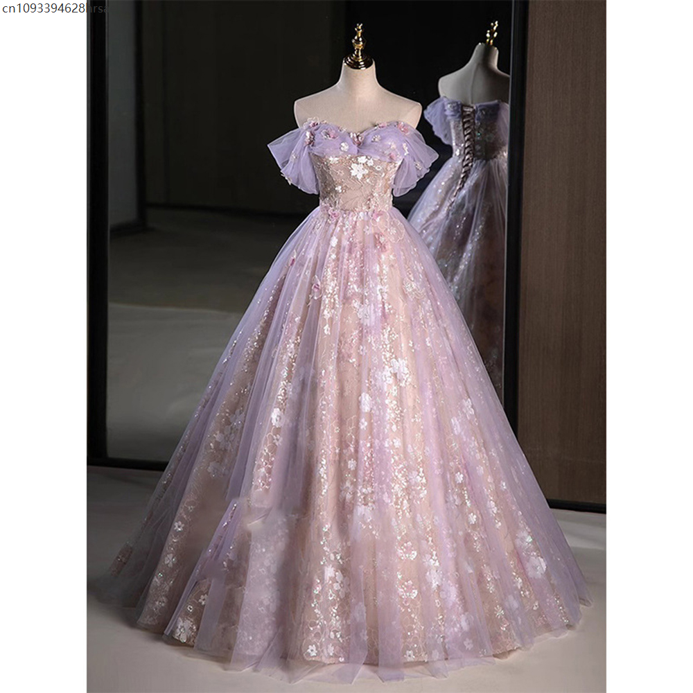 Robe de soirée de luxe rose violet pour femmes, douce plissée, épaules dénudées, avec des appliques de fleurs, robe de bal à paillettes, ligne a