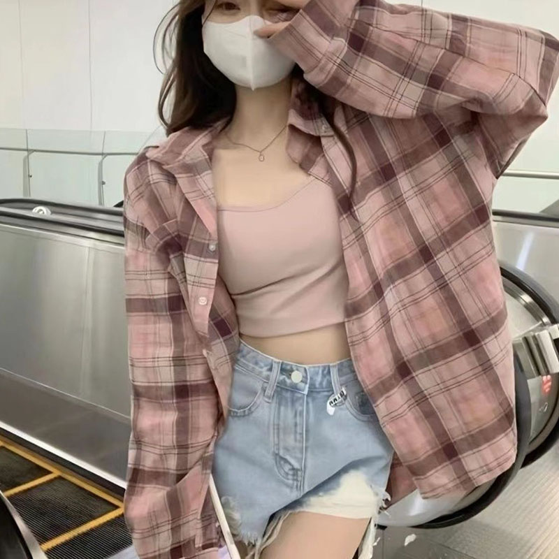 Xpqbb chemisiers à carreaux roses pour femmes mode coréenne chemise à carreaux à manches longues dames automne nouvelles chemises décontractées amples à simple boutonnage