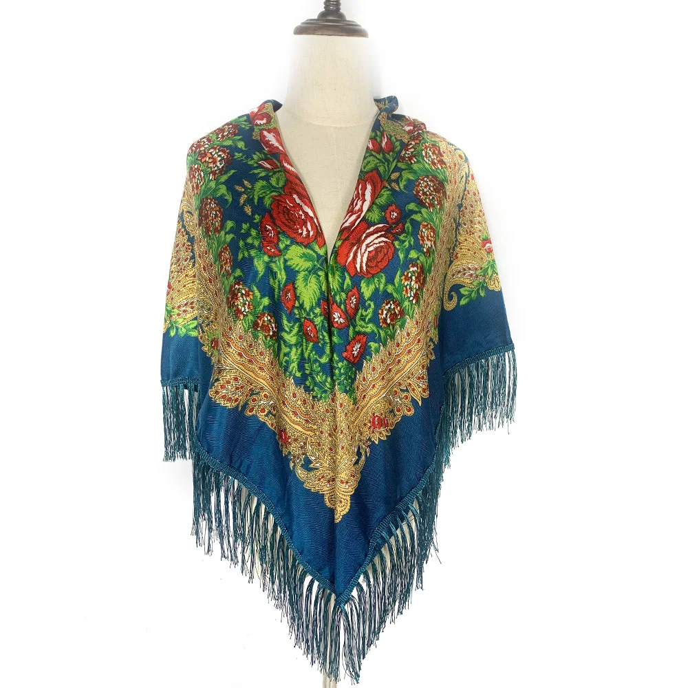 Foulard Carré de Luxe de Style Ethnique Russe pour Femme, Châle à Franges, Bandana, 130x130cm