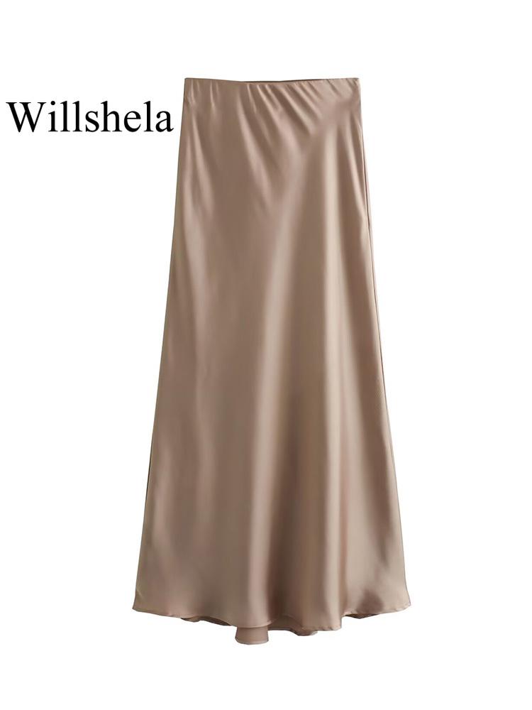 Willshela femmes mode Satin solide plissé jupe Midi Vintage taille mi élastique femme Chic dame jupes