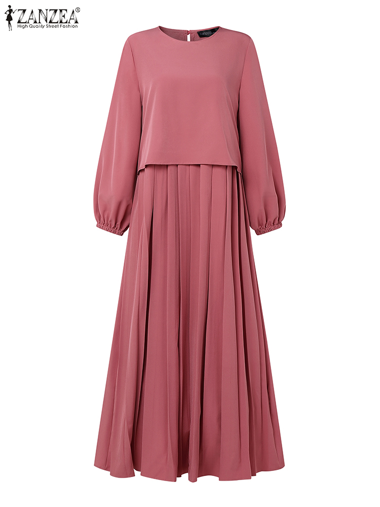 Robes Patchwork Printemps Femme 2026 ZANZEA Abaya Musulmane Élégante à Manches Longues Unie Plissée Robe d'été Vêtements Islamiques