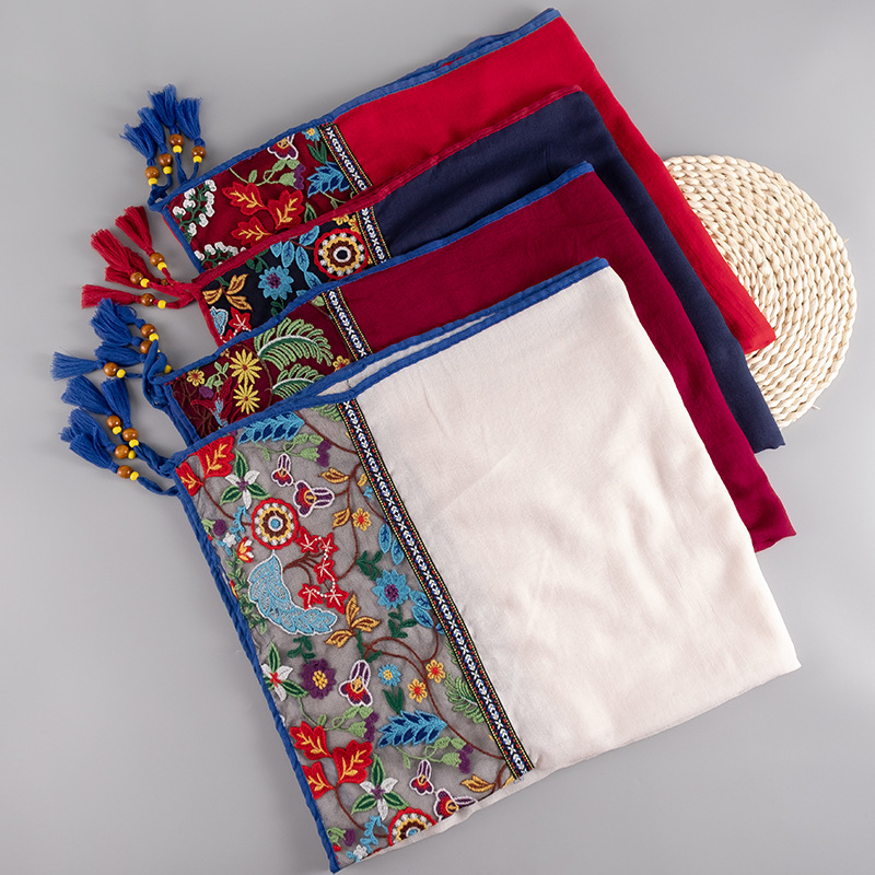 Foulard d'hiver brodé ethnique pour femmes, longue écharpe élégante à fleurs, châle Hijab musulman, beau voyage 85x180cm