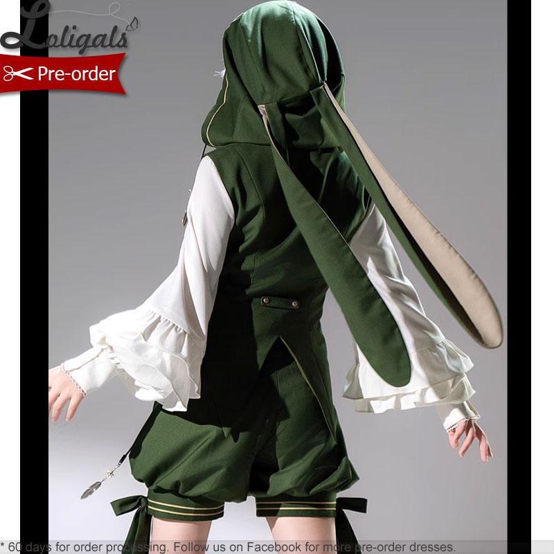 Ouji Lolita tenue rétro vigne vert longue oreille de lapin gilet à capuche/shorts bloomer Cosplay/ Cape à pompon par princesse chroniques