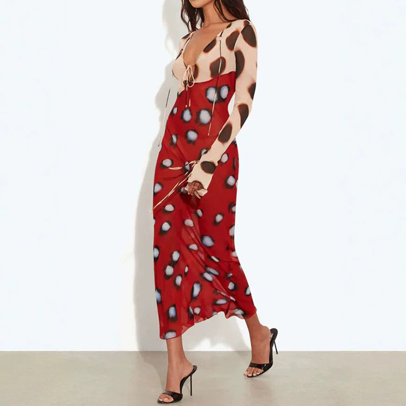 Nouvelle Robe Longue Moulante Femme à Pois Contrastants Col V Taille Haute Manches Longues Décontractée pour le Printemps et les Fêtes
