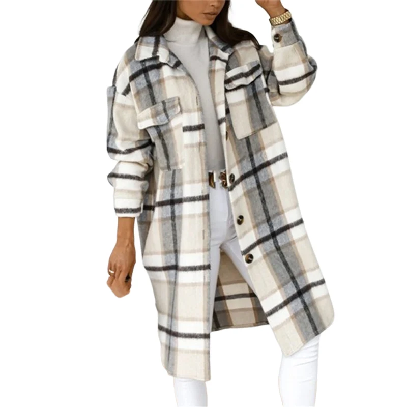 Femmes vérifier Tweed chemise longue automne hiver épaissi chaud simple boutonnage Cardigan Blouse femme décontracté Double poches vêtements d'extérieur