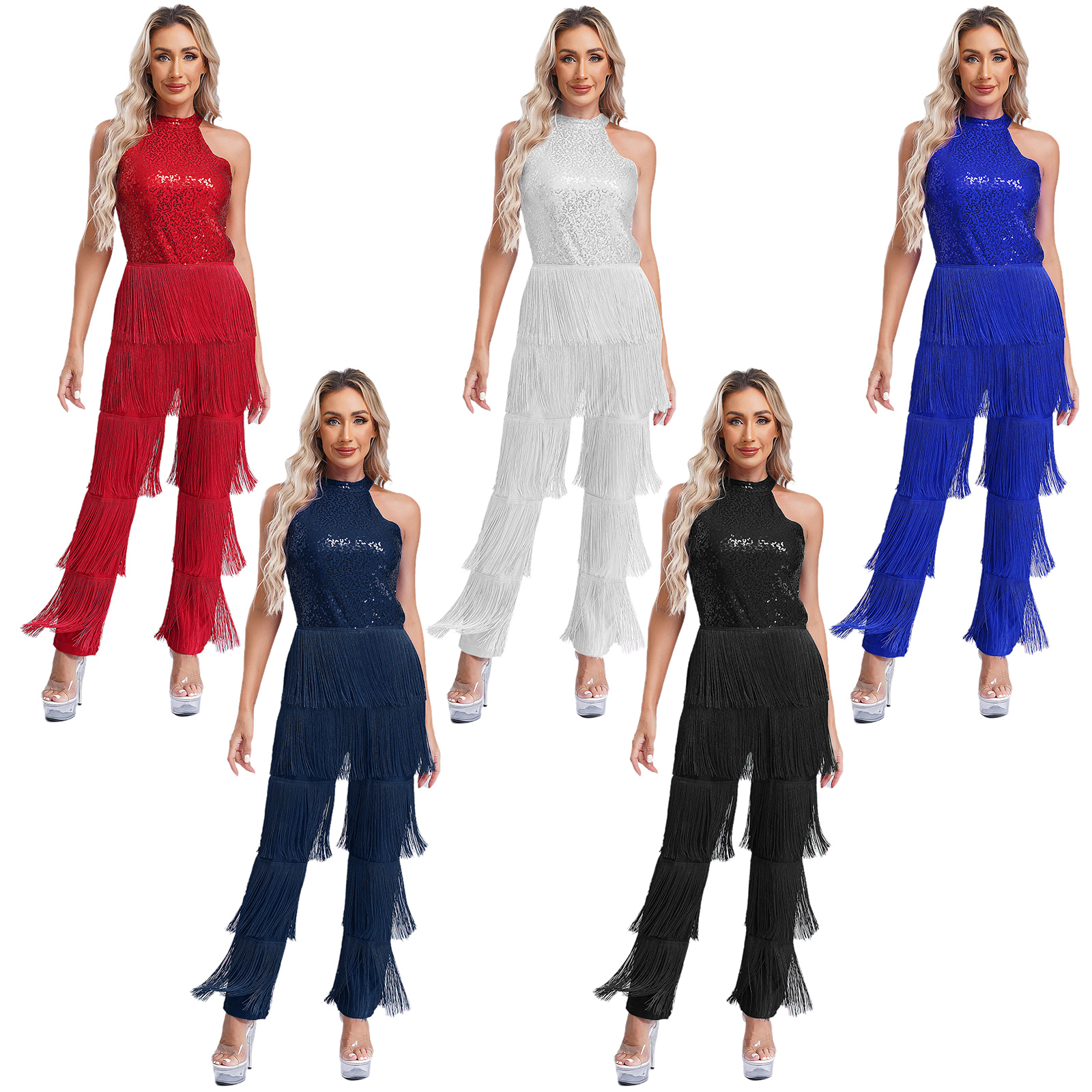 Combinaison de danse latine à franges pour femmes, robe de danse salsa, robes de danse tango samba rumba, paillettes sexy, barboteuses à pompons à plusieurs niveaux
