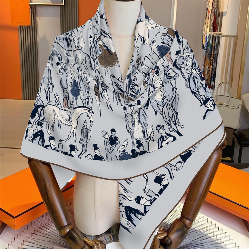 Foulard carré pour femme 135 cm, 30% soie 70% cachemire, ourlet roulé à la main, imprimé Steed Market, grand hijab, bandana, écharpe, foulard