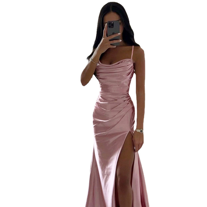 Robes pour femmes 2025 – Nouvelle robe plissée sans bretelles avec fente, style européen, sexy, moulante, pour femmes – Vêtements Vestidoes