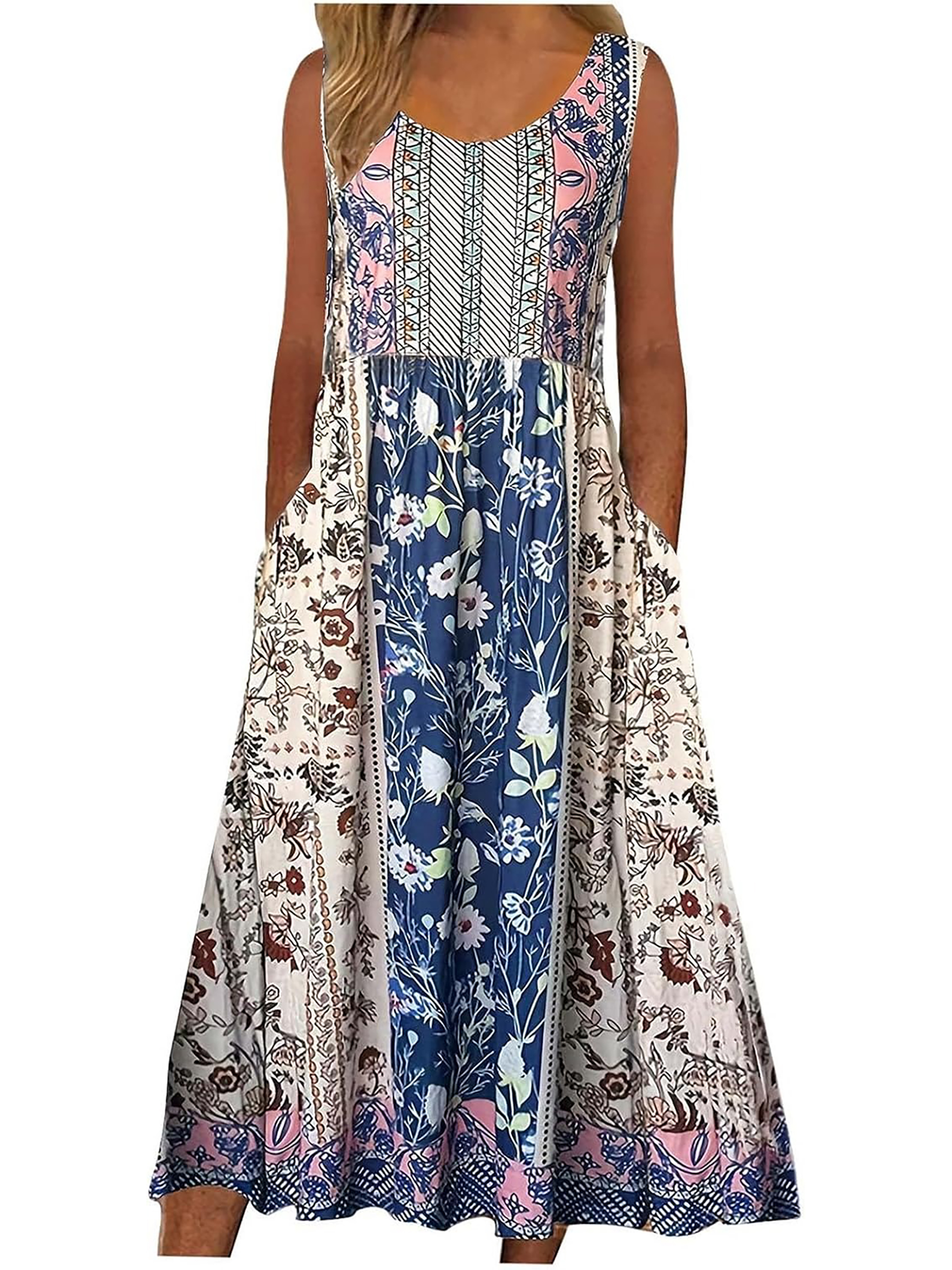 2025 été nouveau! Robe d'été MIDI de plage décontractée à fleurs bohème sans manches pour femmes avec poches fluide et ample