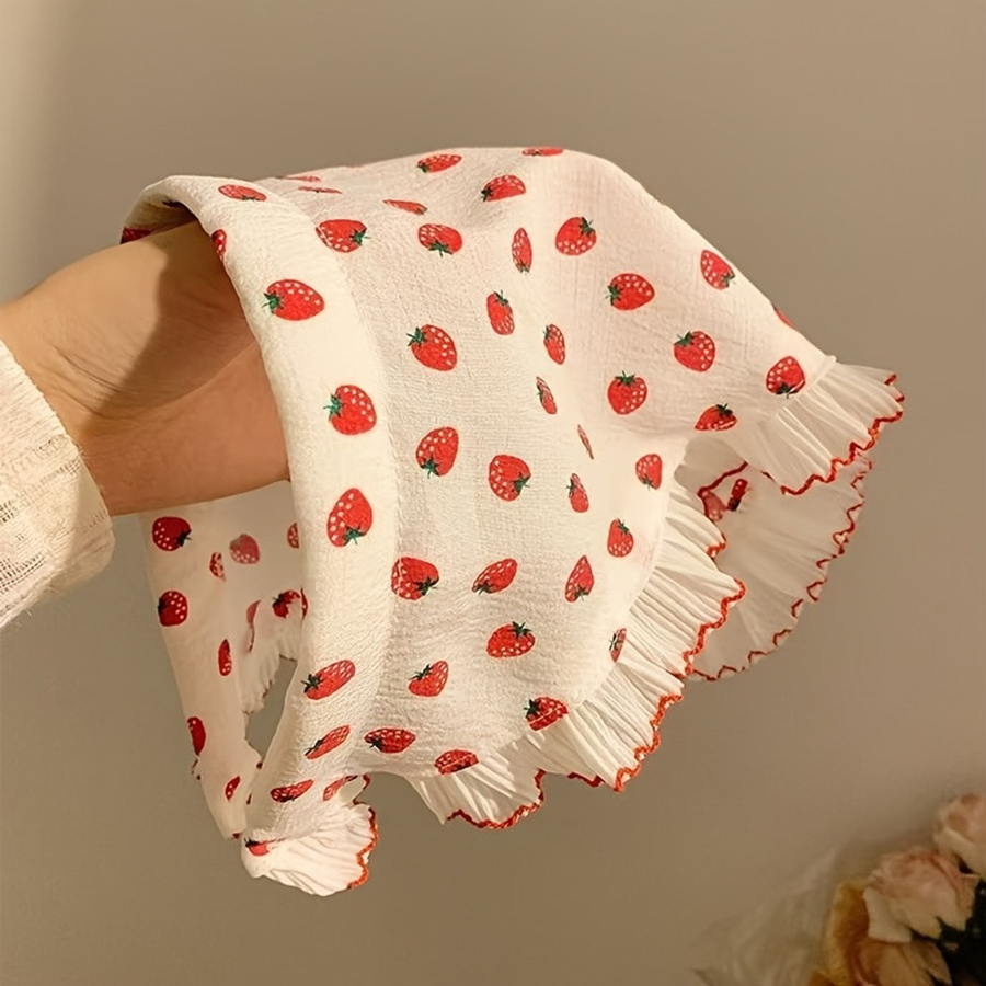 1 Foulard triangulaire mignon motif fraise avec bandeau, coiffe en dentelle style pastoral pour femme, accessoire capillaire pour pique-nique et sorties printanières