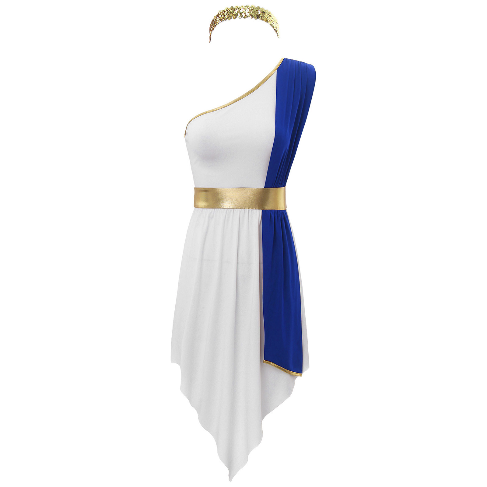 Robe de costume toga grecque de Rome antique pour femmes, robe à une épaule avec blocs de couleur, ceinture dorée, robe de fête de déesse pour Halloween et cosplay