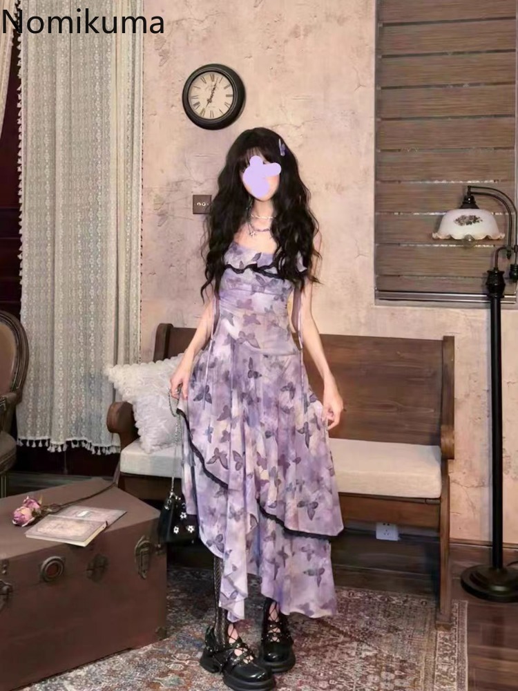 Robe tenues 2 pièces ensembles femmes vêtements dentelle chemises courtes Vintage papillon imprimé gaze robes irrégulières costume Chic ensemble d'été