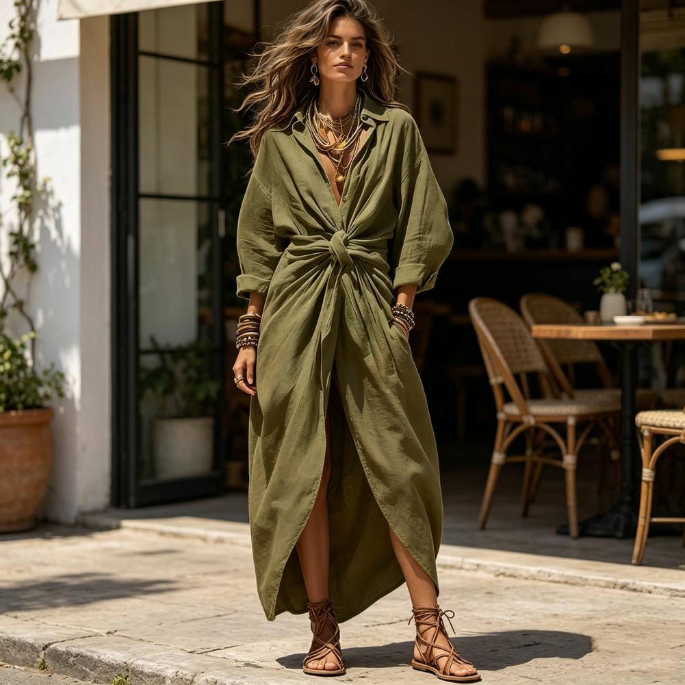 Robe longue maxi pour femme, col en V, manches longues, taille nouée à volants, style bohème, fente haute, coupe trapèze ample et fluide avec poches