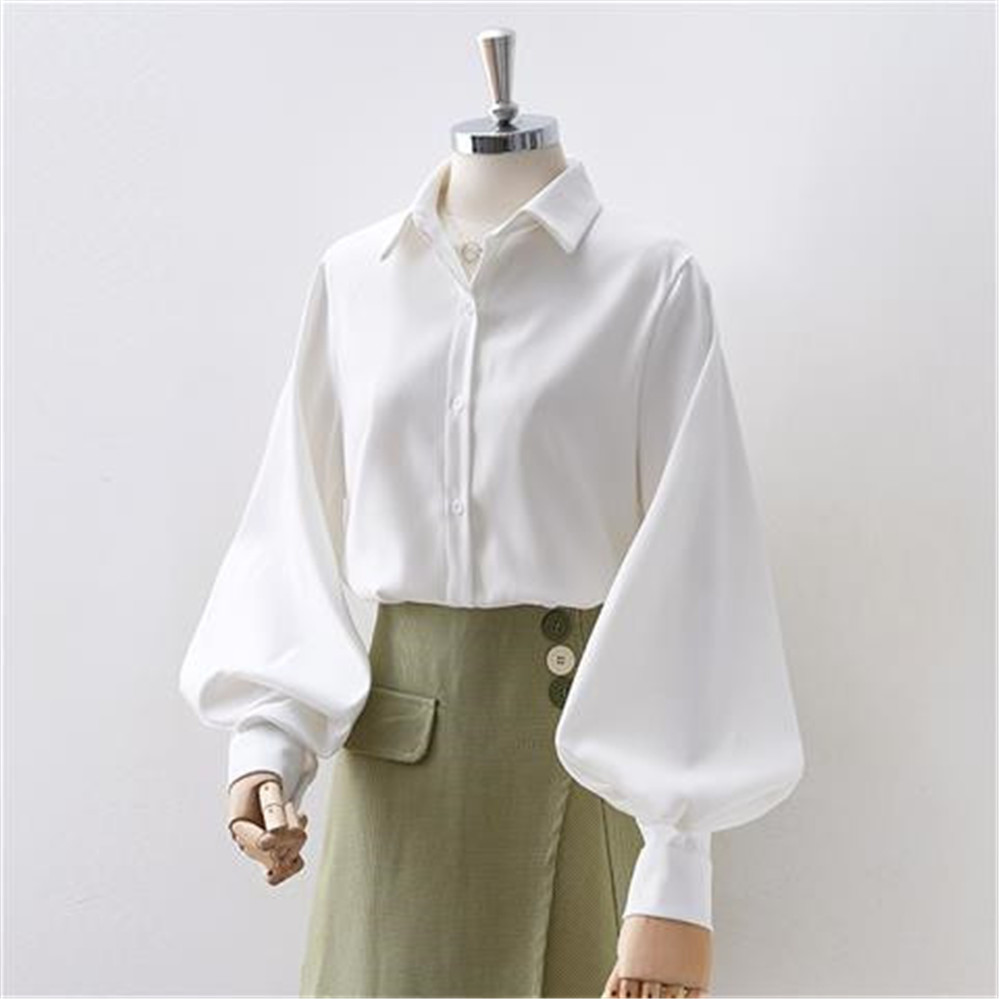 Chemises à manches lanterne de style coréen pour femmes, chemisiers monochromes, col rabattu, simple, adt, automne, mode assortie, 2022