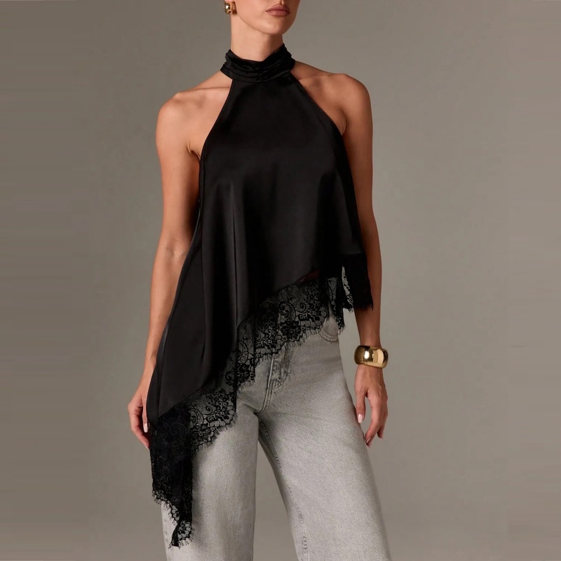 Femmes dentelle florale garniture Satin soie haut bas gilet bouton drapé tour de cou licou cou asymétrique Cami soyeux superposition haut