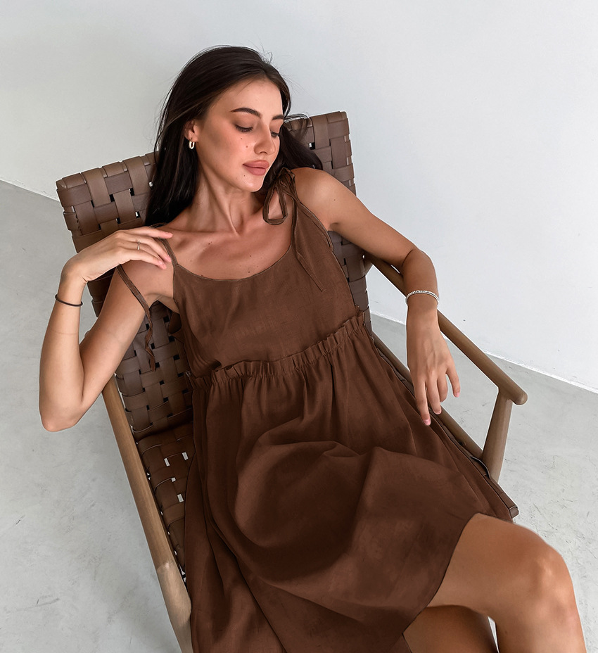 Robes Courtes Amples en Coton et Lin à Lacets Élégantes pour Femmes – Robe Décontractée Simple d'Été, Robes de Plage Noires et Marron pour les Vacances