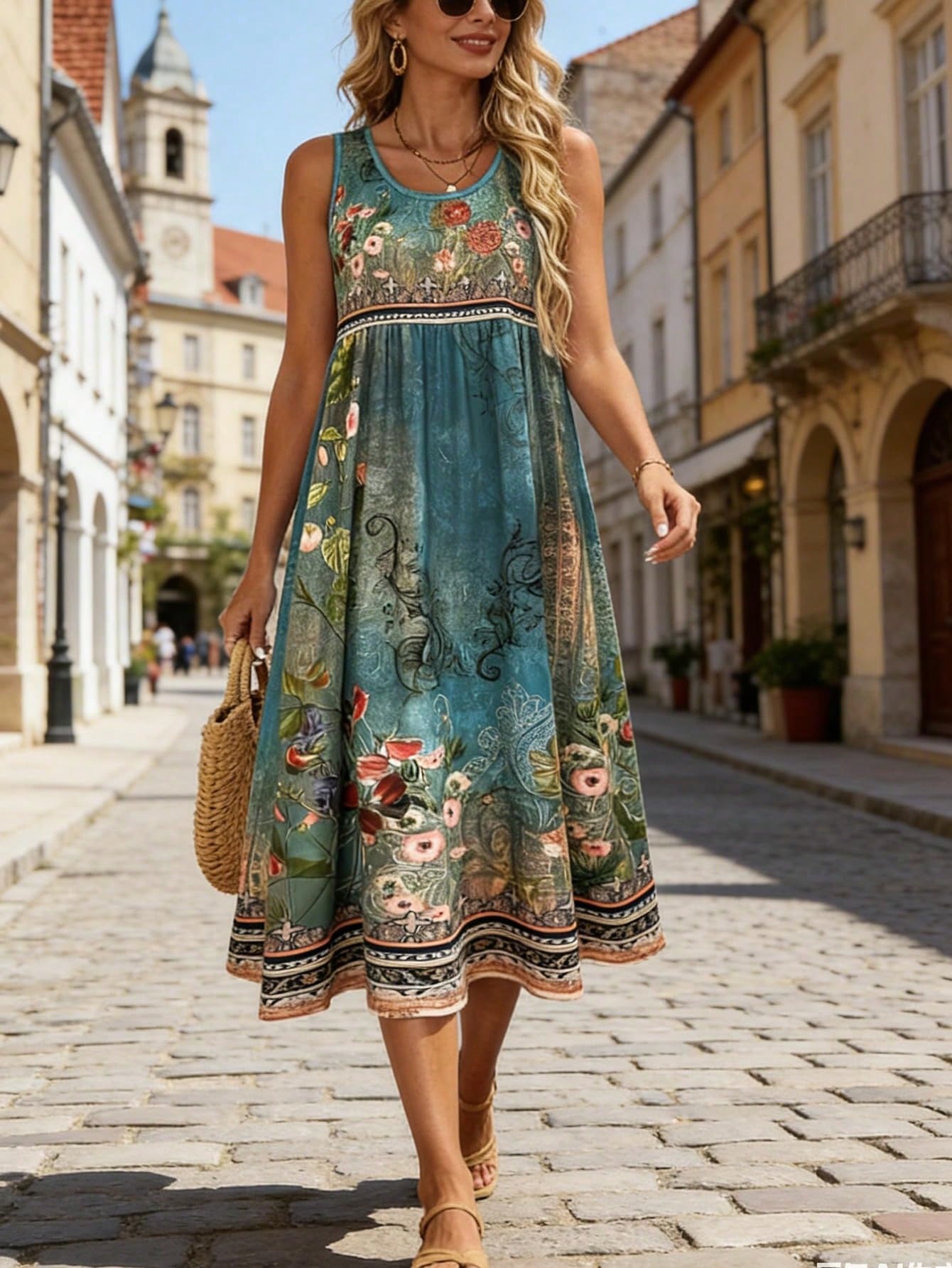 Robe Bohème Florale Sans Manches pour Femme, Imprimé Turquoise Vintage, Col Rond, Taille Haute, Coupe Évasée, Longueur Midi