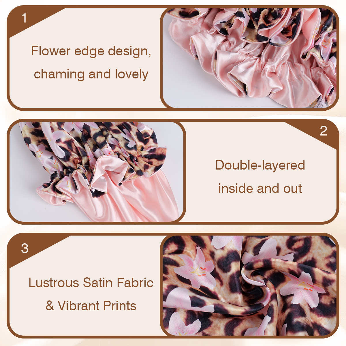 Bonnet en Satin pour cheveux, imprimé Floral léopard, garniture à volants, protège le verrouillage des cheveux, permettant de gagner de l'humidité, bonnet de sommeil pour femmes/hommes, 1 pièce