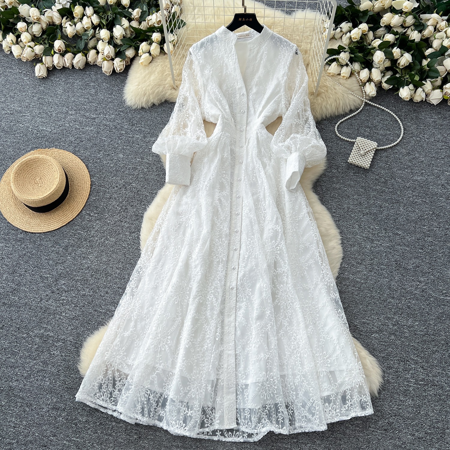 Robe française rétro élégante pour femmes, nouveau Style haut de gamme, col montant, taille simple boutonnage, robe longue en maille brodée, 2025