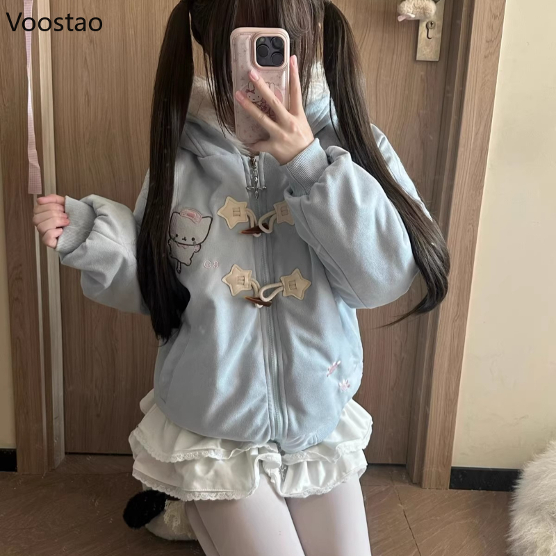 Parka japonaise Style Lolita pour femmes, manteau à capuche décontracté avec broderie de chat de dessin animé, veste chaude en peluche esthétique Y2k pour filles
