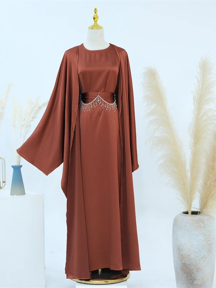 Ramadan Satin 2 pièces Abaya dubaï ensemble de luxe avec chaîne vêtements de prière musulmane femmes robes Caftan Marocain Robe Femme Musulmane