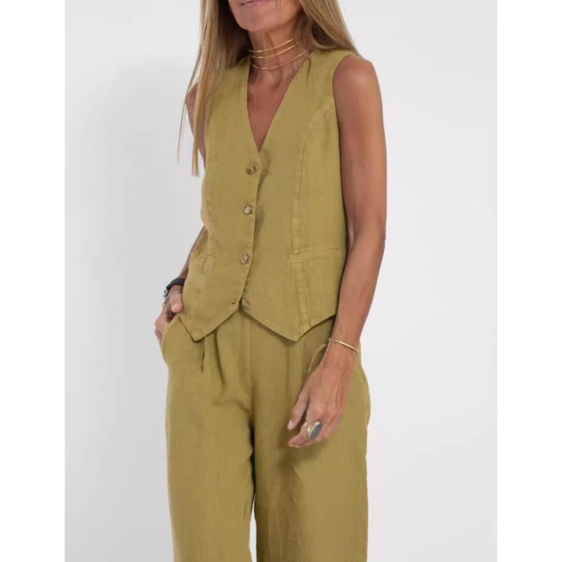 Ensemble 2 pièces en coton et lin pour femmes, couleur unie, gilet à la mode, hauts et pantalons longs, costume Patchwork, tenues décontractées, nouvelle collection été 2025