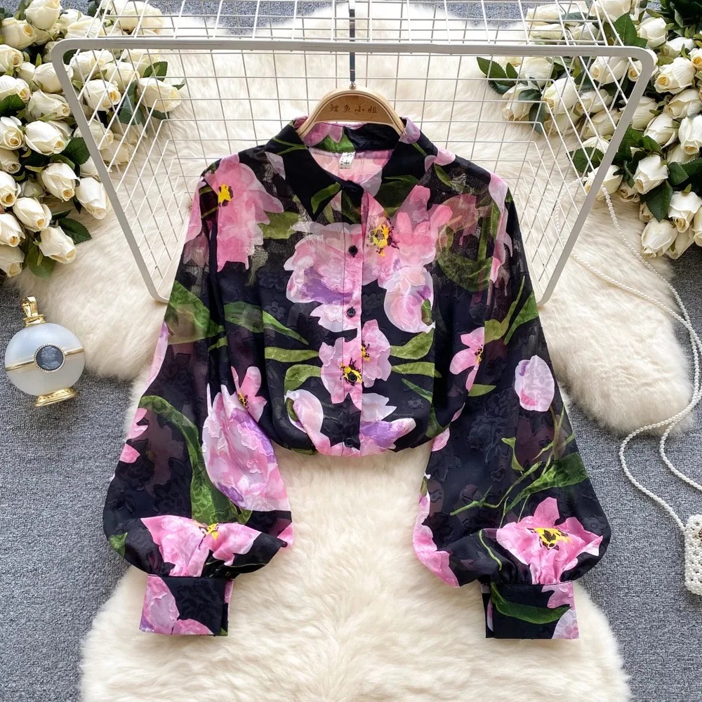 Chemisier Vintage Élégant à Manches Lanternes pour Femme, Chemise à Col Polo Décontractée, Chic, Haut Dégradé, Été