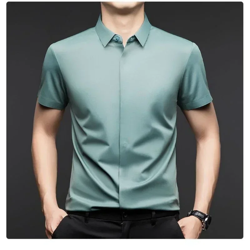 Chemises habillées en soie de mûrier pour hommes d'affaires, haut de gamme, boutons résistants aux rides, hauts élastiques invisibles, vêtements luxueux de qualité masculine