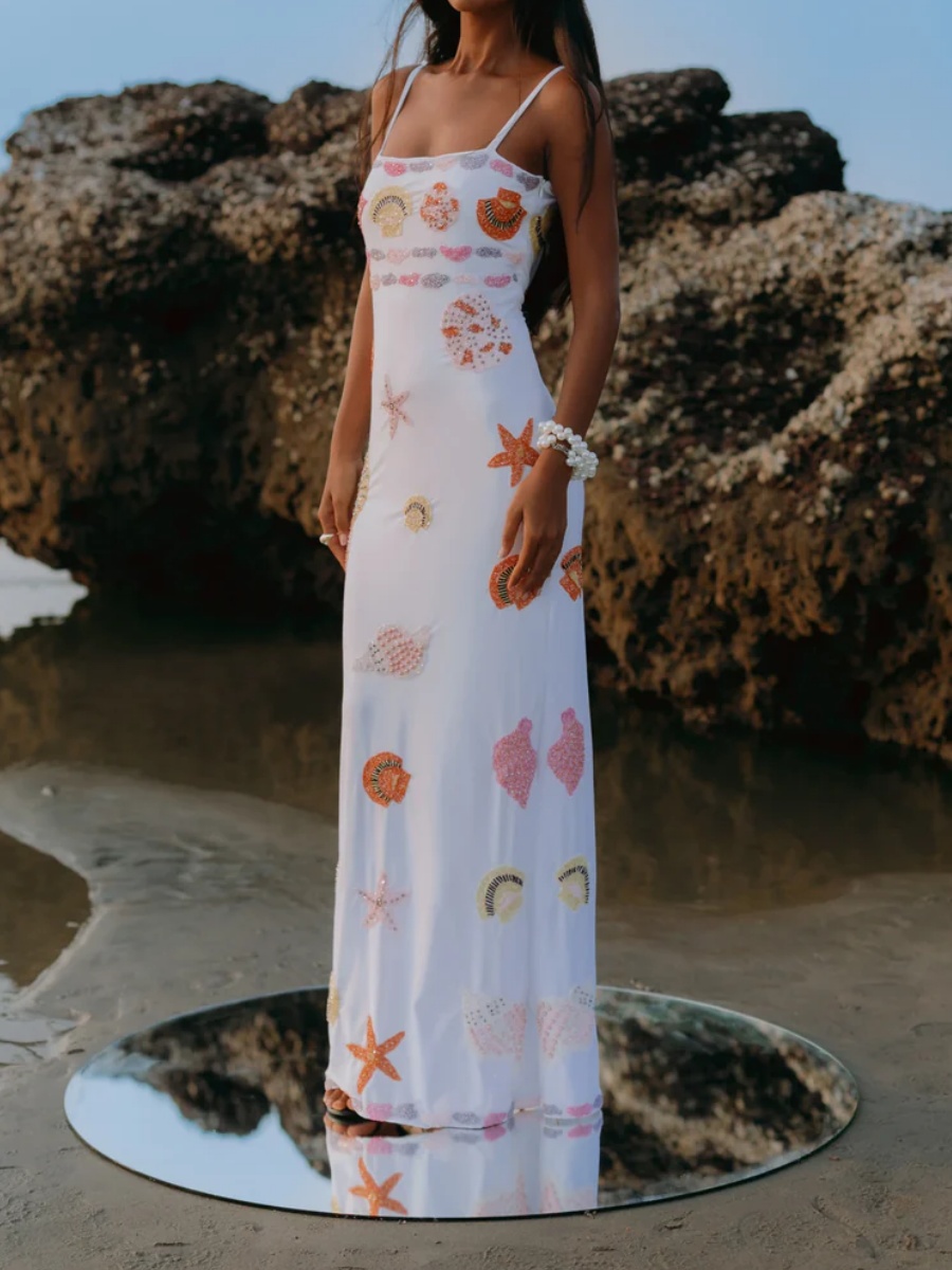 Robe longue imprimée coquille d'étoile de mer pour femmes, bretelles Spaghetti, dos nu, moulante, vêtements de plage, vacances d'été, 2025