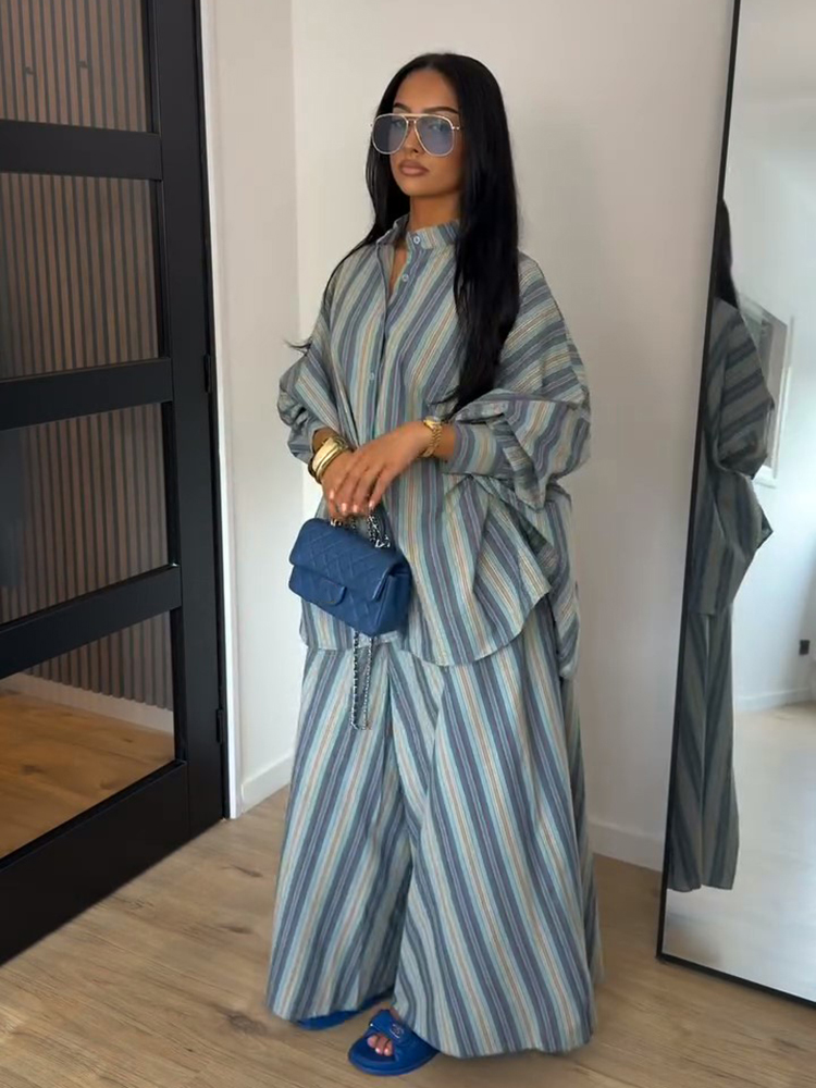Ensemble 2 pièces pour femme : Chemise à manches longues à col à revers surdimensionné et bouton unique, pantalon taille haute à jambes larges – Tenue décontractée streetwear pour femme