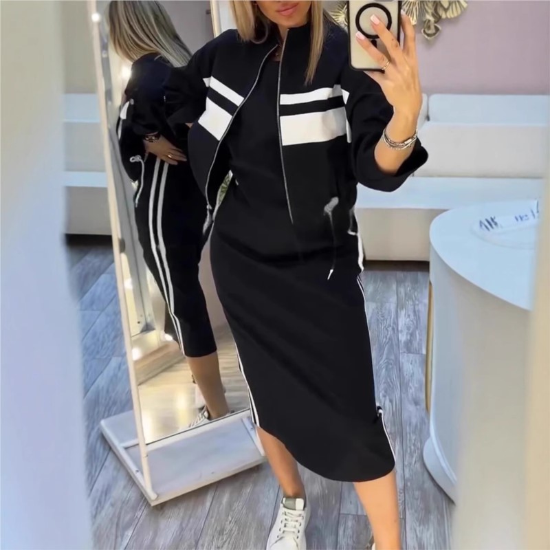 Robe de sport à la mode pour femmes, ensemble veste imprimée rayée, manteau court avec cordon de serrage + robe droite, ensemble deux pièces, vêtements de sport décontractés