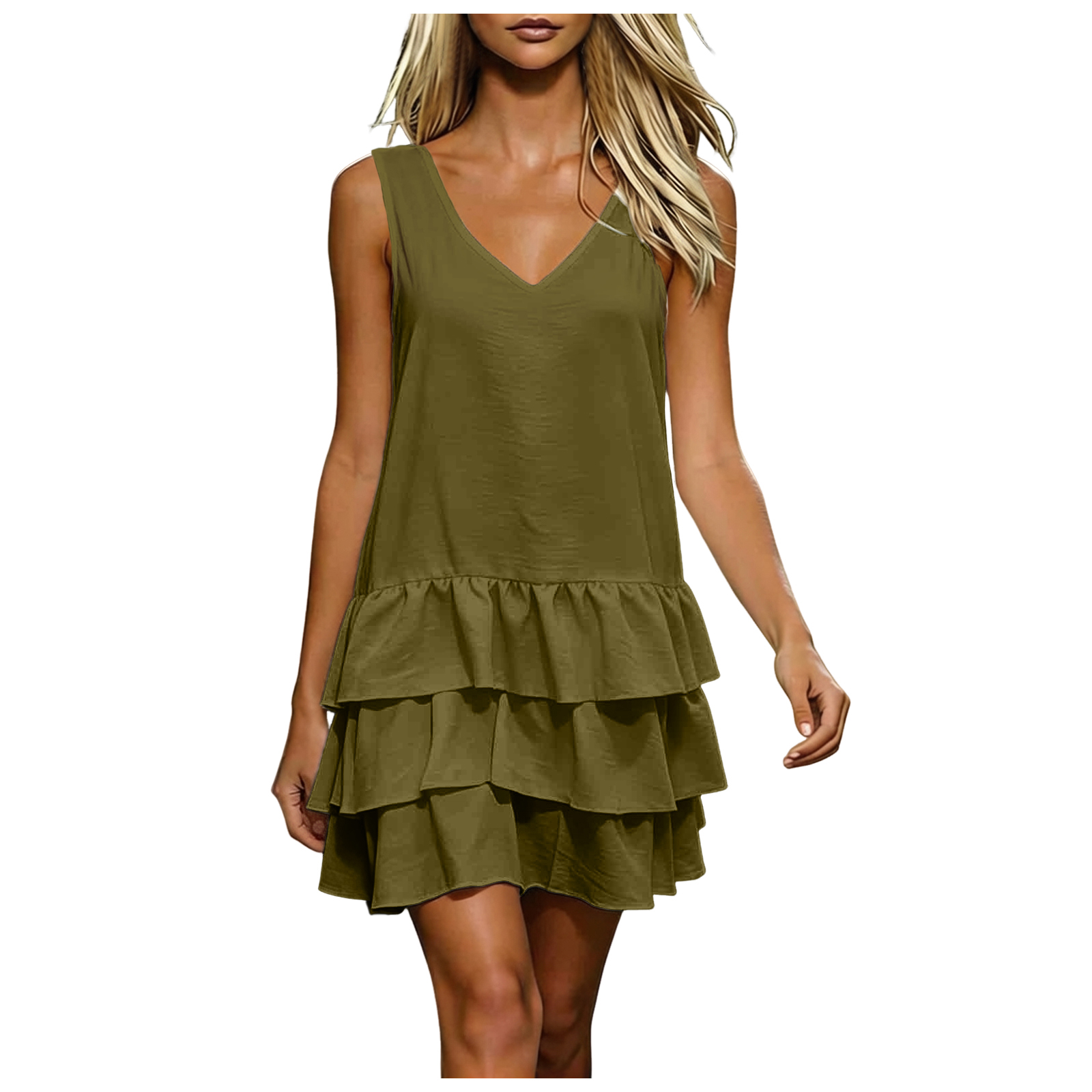 Robe d'été 2026 pour femme, élégante, couleur unie, col en V, sans manches, à volants superposés, décontractée, pour les vacances et la plage